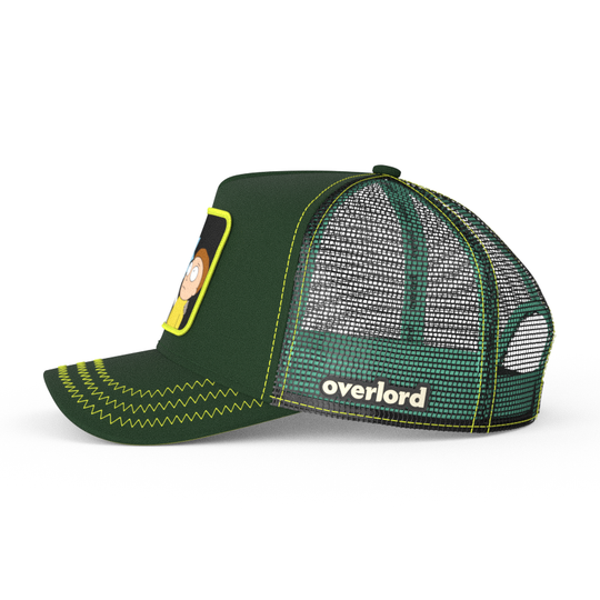 Dark Green OVERLORD X Rick & Morty duo trucker baseball cap hat with black mesh. PVC Overlord logo.