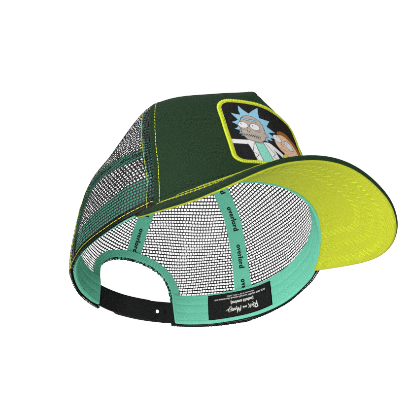 Dark Green OVERLORD X Rick & Morty duo trucker baseball cap hat with light teal sweatband and lime green under brim.