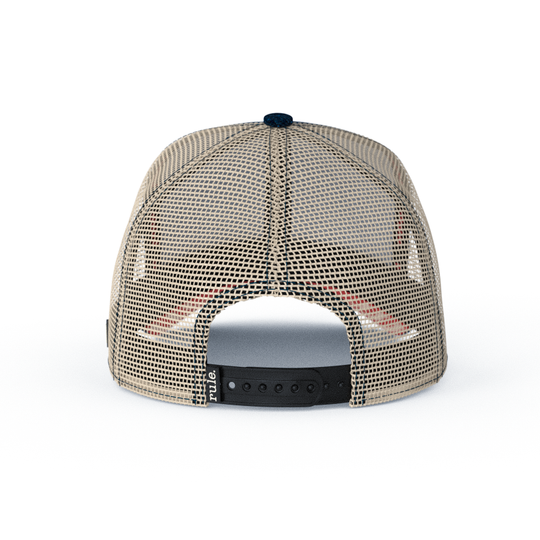 Dark blue denim OVERLORD X South Park Cartman Coon trucker baseball cap hat with khaki mesh and black adjustable strap.