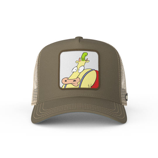 Dark tan OVERLORD X Rocko's Modern Life Heffer Wolfe trucker baseball cap hat with khaki stitching. PVC Overlord logo.