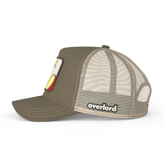 Dark tan OVERLORD X Rocko's Modern Life Heffer Wolfe trucker baseball cap hat with khaki mesh. PVC Overlord logo.