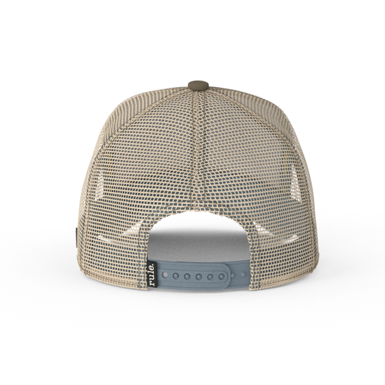 Dark tan OVERLORD X Rocko's Modern Life Heffer Wolfe trucker baseball cap hat with khaki mesh and blue adjustable strap.
