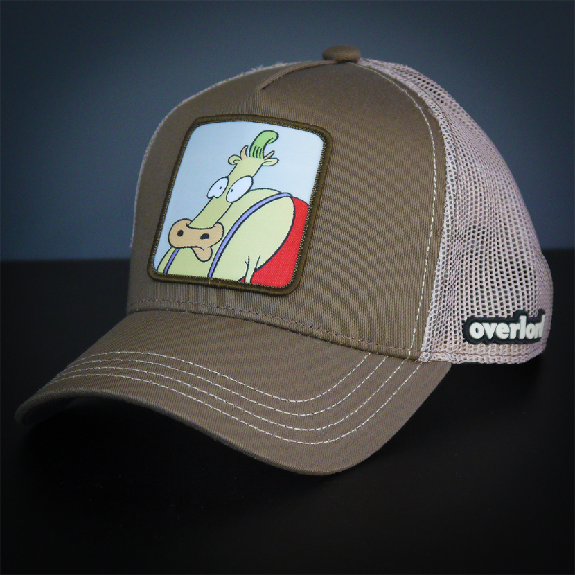 Dark tan OVERLORD X Rocko's Modern Life Heffer Wolfe trucker baseball cap hat with khaki stitching. PVC Overlord logo.