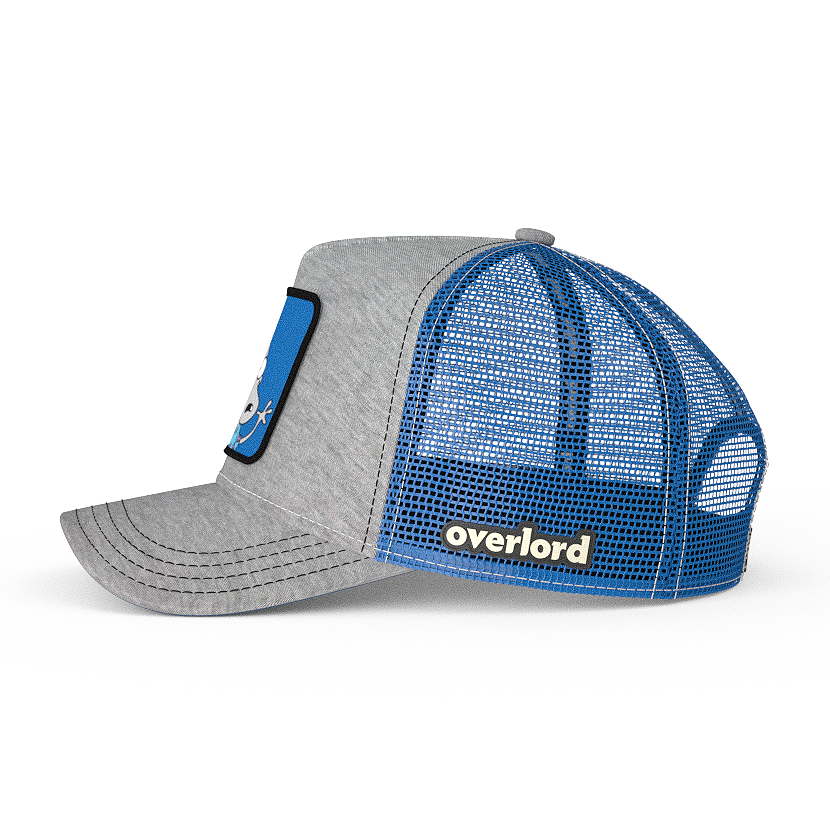 Heather gray jersey OVERLORD X Rocko's Modern Life Rocko trucker baseball cap hat with blue mesh. PVC Overlord logo.