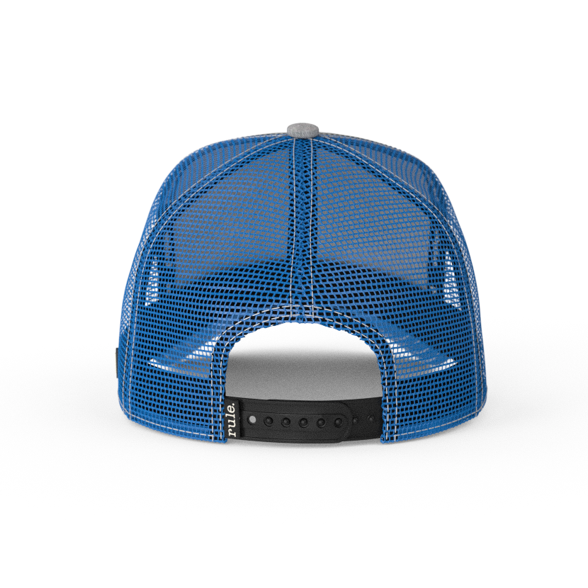 Heather gray jersey OVERLORD X Rocko's Modern Life Rocko trucker baseball cap hat with blue mesh and black adjustable strap.