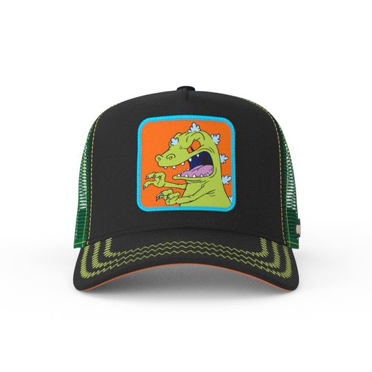 Black OVERLORD X Rugrats Reptar trucker baseball cap hat with green zig zag stitching. PVC Overlord logo.