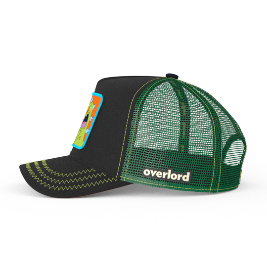 Black OVERLORD X Rugrats Reptar trucker baseball cap hat with green mesh. PVC Overlord logo.