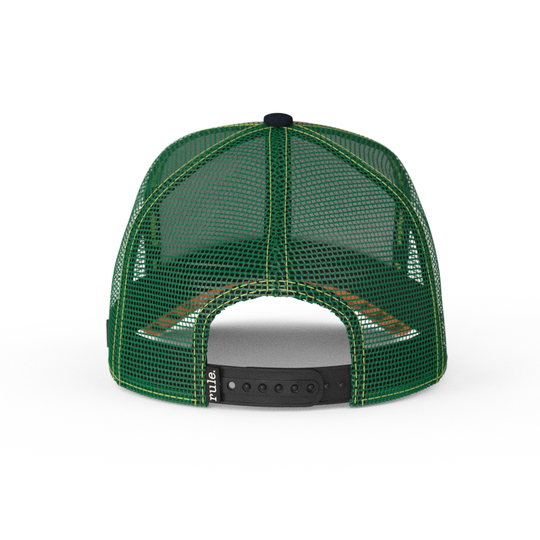 Black OVERLORD X Rugrats Reptar trucker baseball cap hat with green mesh and black adjustable strap.