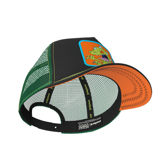 Black OVERLORD X Rugrats Reptar trucker baseball cap hat with black sweatband and orange under brim.