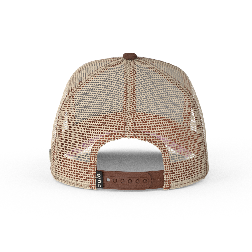 Brown OVERLORD X Ren and Stimpy Ren trucker baseball cap hat with khaki mesh and brown adjustable strap.