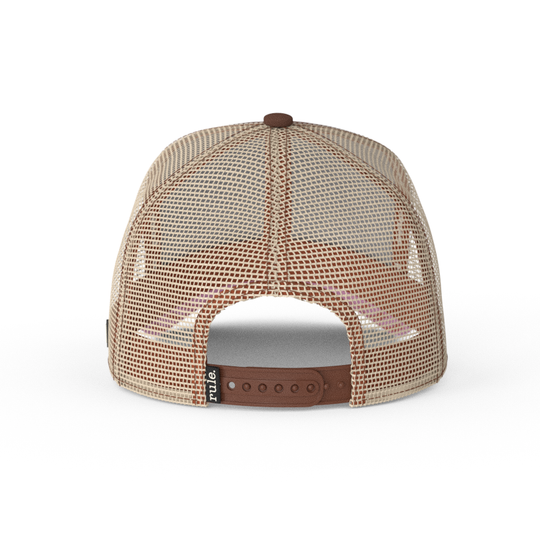 Brown OVERLORD X Ren and Stimpy Ren trucker baseball cap hat with khaki mesh and brown adjustable strap.