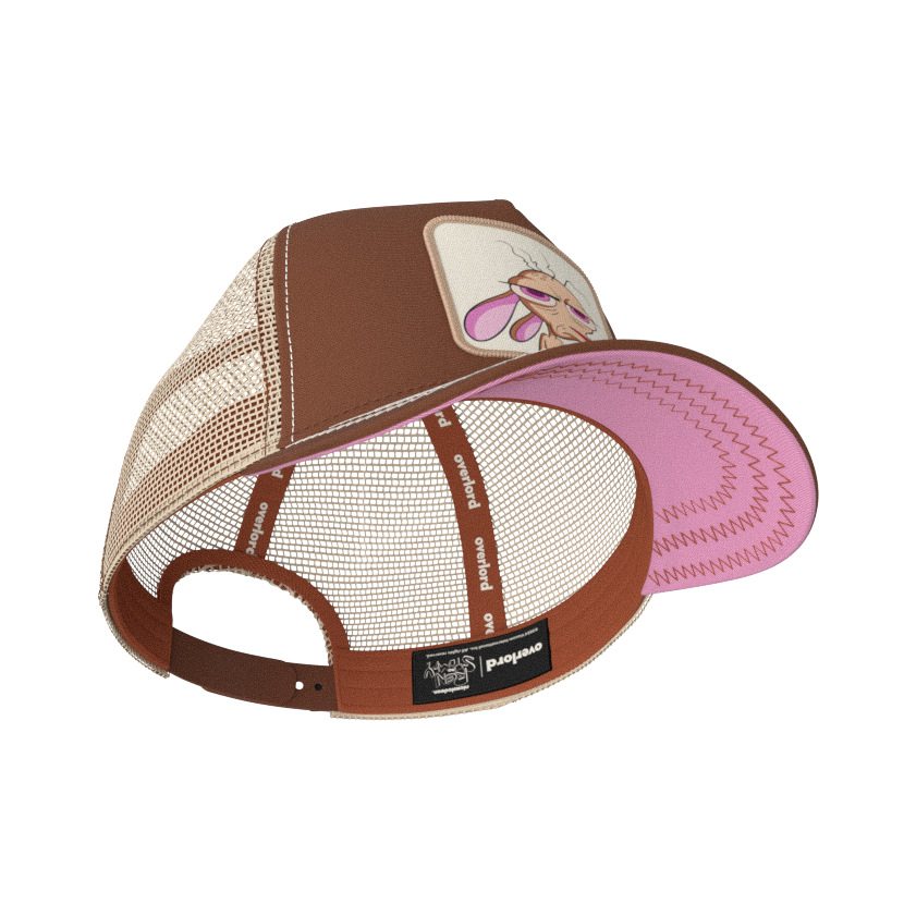 Brown OVERLORD X Ren and Stimpy Ren trucker baseball cap hat with brown sweatband and pink under brim.