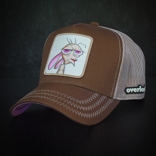 Brown OVERLORD X Ren and Stimpy Ren trucker baseball cap hat with khaki zig zag stitching. PVC Overlord logo.