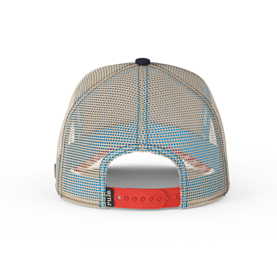 Navy OVERLORD X Ren and Stimpy smiling Stimpy trucker baseball cap hat with khaki mesh and red adjustable strap.