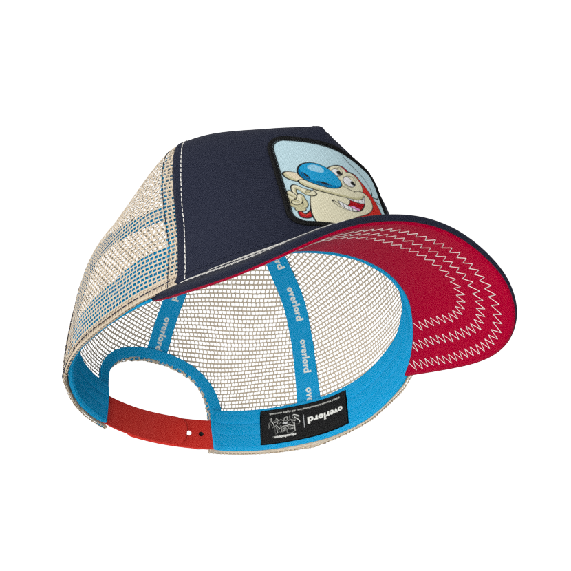 Navy OVERLORD X Ren and Stimpy smiling Stimpy trucker baseball cap hat with turquoise sweatband and red under brim.