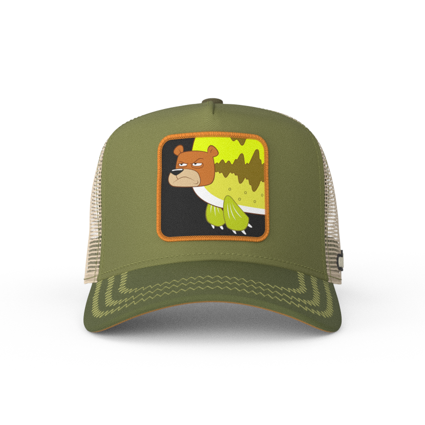 Olive green OVERLORD X SpongeBob Seabear trucker baseball cap hat with light olive zig zag stitching. PVC Overlord logo.