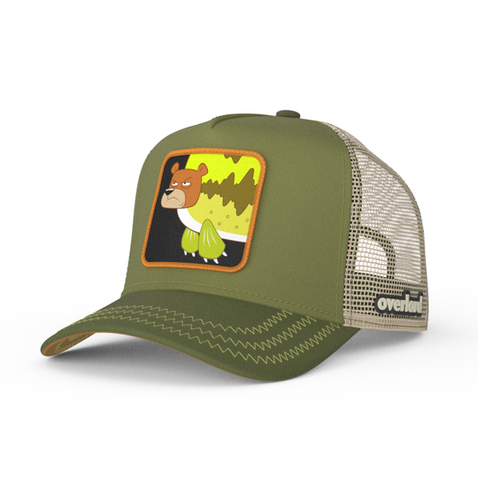 Olive green OVERLORD X SpongeBob Seabear trucker baseball cap hat with light olive zig zag stitching. PVC Overlord logo.