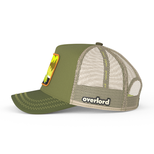 Olive green OVERLORD X SpongeBob Seabear trucker baseball cap hat with khaki mesh. PVC Overlord logo.