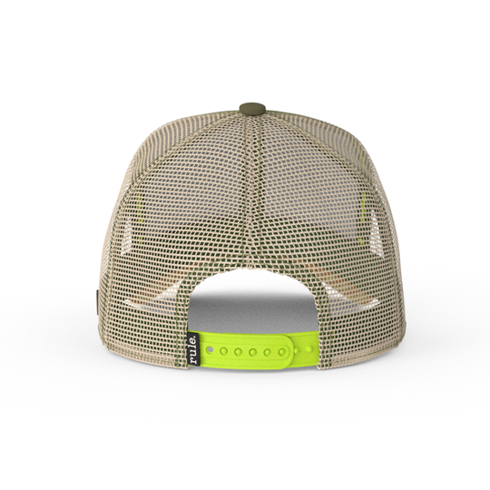 Olive green OVERLORD X SpongeBob Seabear trucker baseball cap hat with khaki mesh and lime green adjustable strap.