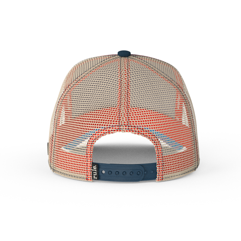 Navy OVERLORD X SpongeBob Barnacle Boy trucker baseball cap hat with khaki mesh and navy adjustable strap.