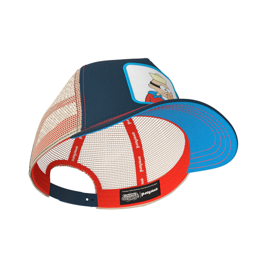 Navy OVERLORD X SpongeBob Barnacle Boy trucker baseball cap hat with red sweatband and turquoise under brim.