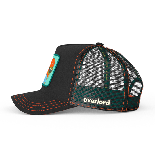Black OVERLORD X SpongeBob Load of Barnacles fish trucker baseball cap hat with black mesh. PVC Overlord logo.