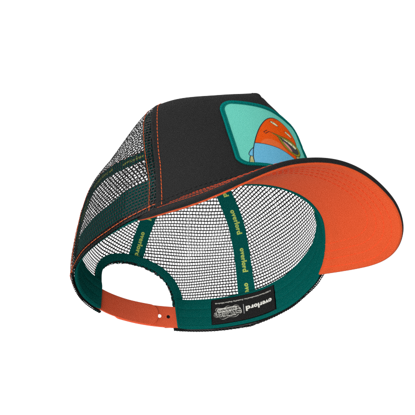 Black OVERLORD X SpongeBob Load of Barnacles fish trucker baseball cap hat with teal sweatband and red orange under brim.
