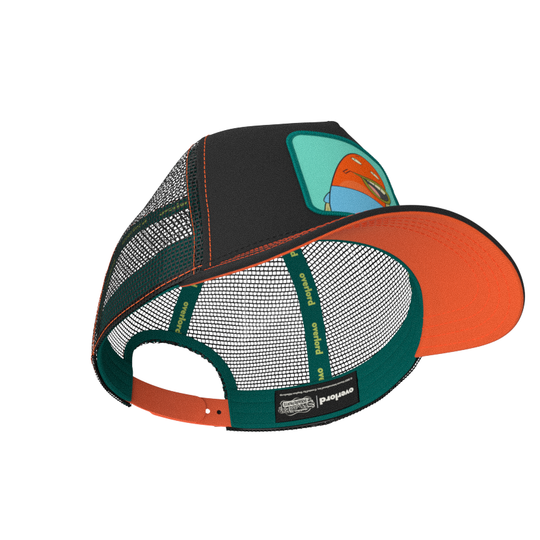 Black OVERLORD X SpongeBob Load of Barnacles fish trucker baseball cap hat with teal sweatband and red orange under brim.