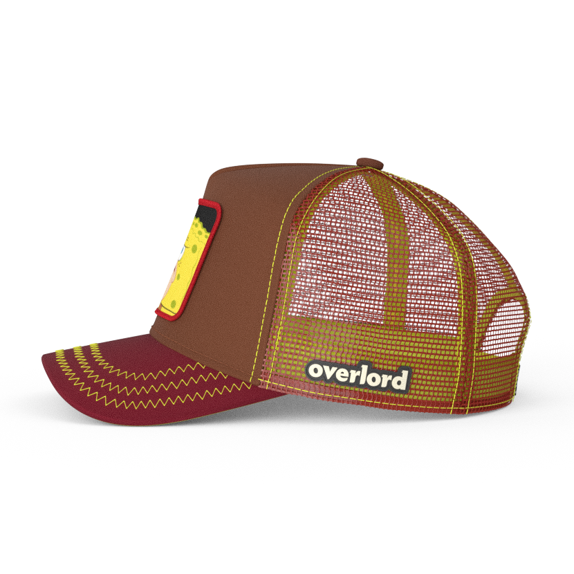 Brown and maroon OVERLORD X SpongeBob Caveman SpongeBob meme trucker baseball cap hat with dark red mesh. PVC Overlord logo.