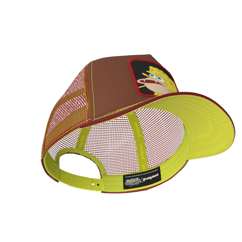 Brown and maroon OVERLORD X SpongeBob Caveman SpongeBob meme trucker baseball cap hat with lime green sweatband and under brim.