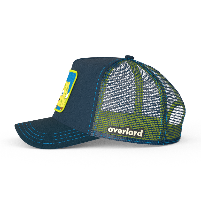 Navy OVERLORD X SpongeBob ChickenBob meme trucker baseball cap hat with navy blue mesh. PVC Overlord logo.