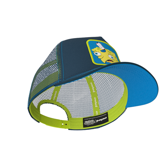 Navy OVERLORD X SpongeBob ChickenBob meme trucker baseball cap hat with lime green sweatband and blue under brim.