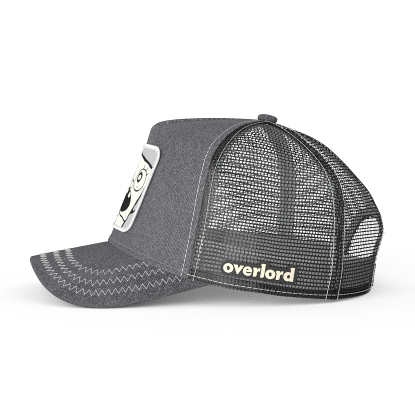 Heather Gray OVERLORD X SpongeBob DoodleBob trucker baseball cap hat with black mesh. PVC Overlord logo.