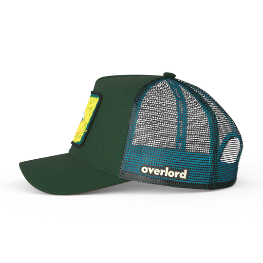 Dark green OVERLORD X SpongeBob exhausted meme trucker baseball cap hat with black mesh. PVC Overlord logo.