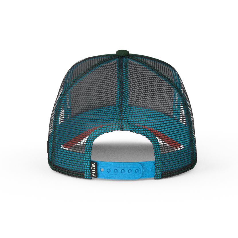 Dark green OVERLORD X SpongeBob exhausted meme trucker baseball cap hat with black mesh and turquoise adjustable strap. PVC Overlord logo.