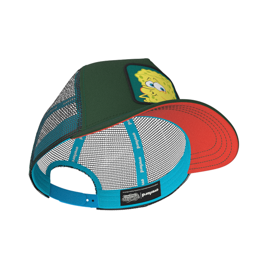 Dark green OVERLORD X SpongeBob exhausted meme trucker baseball cap hat with turquoise sweatband and red under brim.