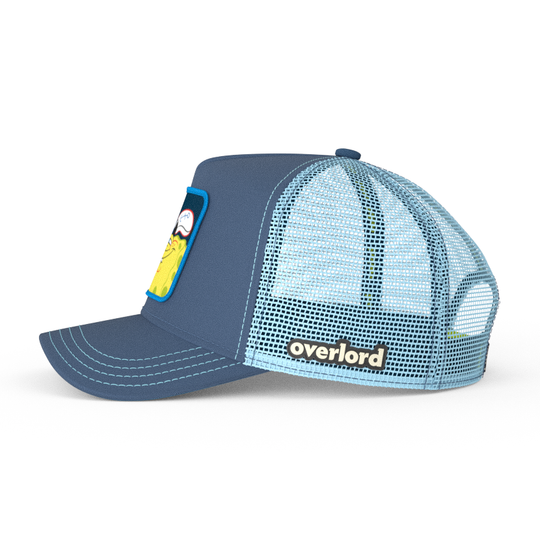 Blue OVERLORD X SpongeBob sneaky smile meme trucker baseball cap hat with light blue mesh. PVC Overlord logo.