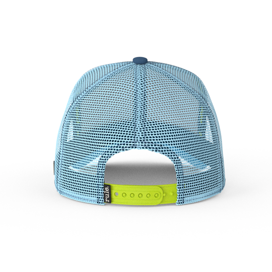 Blue OVERLORD X SpongeBob sneaky smile meme trucker baseball cap hat with light blue mesh and lime green adjustable strap. PVC Overlord logo.