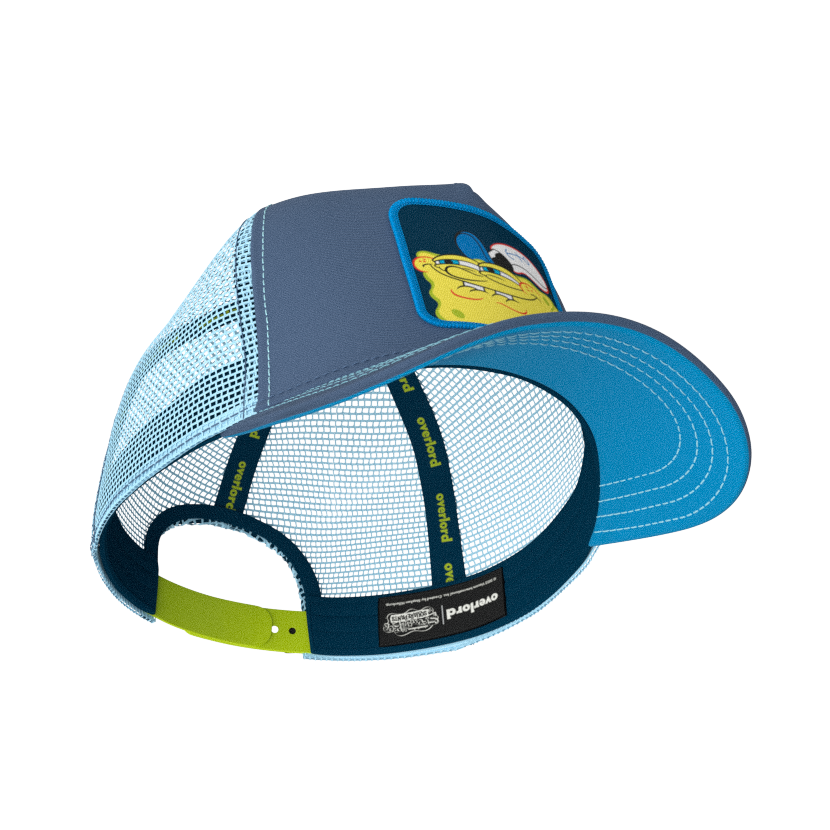Blue OVERLORD X SpongeBob sneaky smile meme trucker baseball cap hat with navy sweatband and blue under brim.