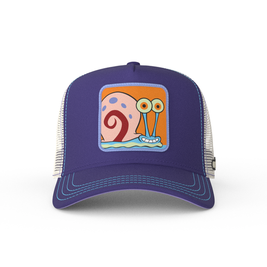 Deep Purple OVERLORD X SpongeBob Gary the snail trucker baseball cap hat with blue stitching. PVC Overlord logo.
