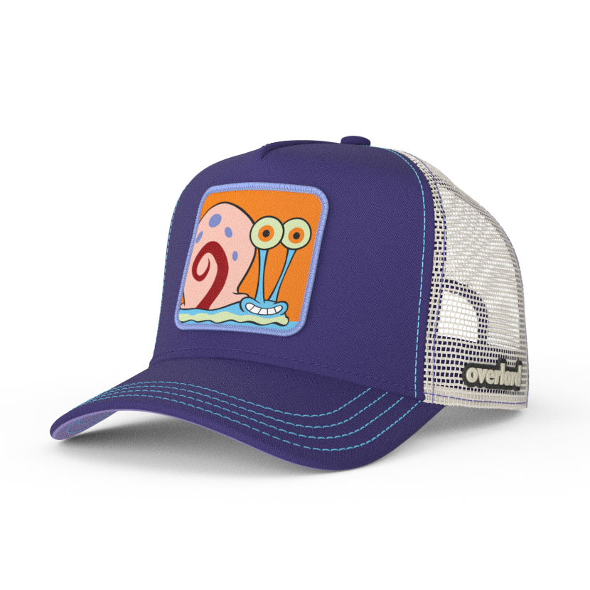 Deep Purple OVERLORD X SpongeBob Gary the snail trucker baseball cap hat with blue stitching. PVC Overlord logo.