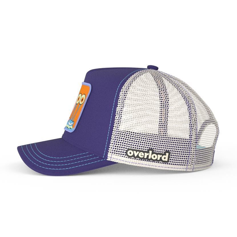 Deep Purple OVERLORD X SpongeBob Gary the snail trucker baseball cap hat with cream mesh. PVC Overlord logo.