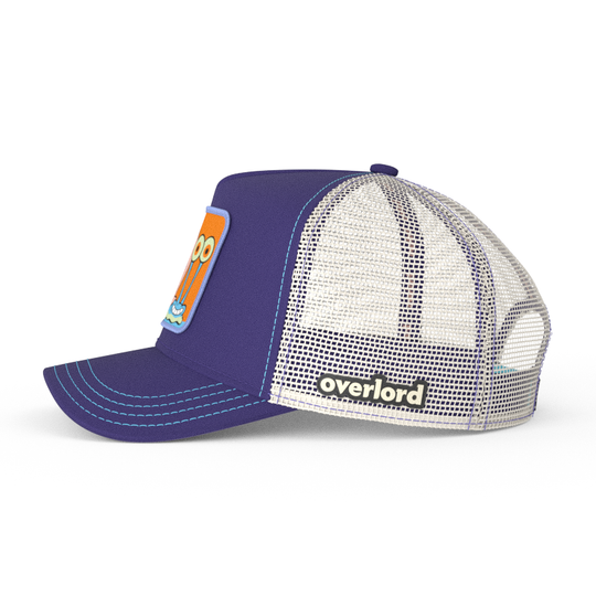 Deep Purple OVERLORD X SpongeBob Gary the snail trucker baseball cap hat with cream mesh. PVC Overlord logo.