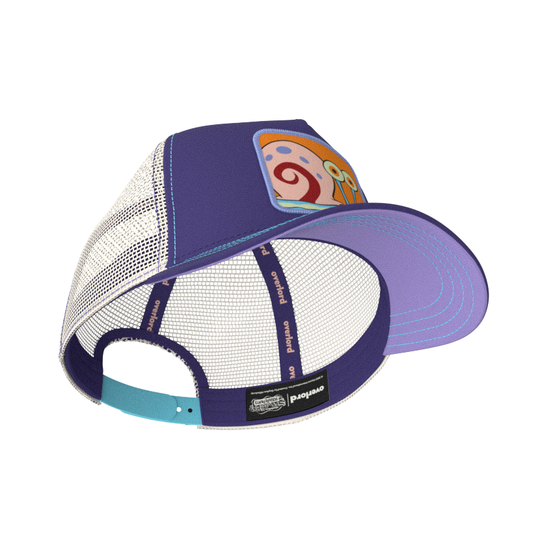 Deep Purple OVERLORD X SpongeBob Gary the snail trucker baseball cap hat with purple sweatband and lavender under brim.