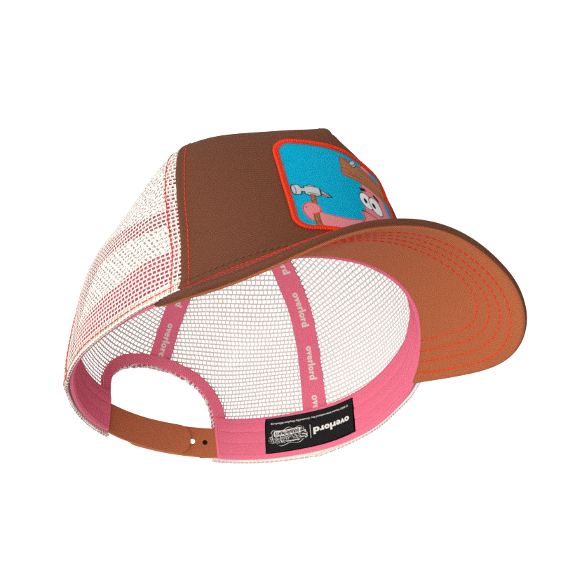 Brown OVERLORD X SpongeBob Patrick holding hammer trucker baseball cap hat with pink sweatband and brown under brim.