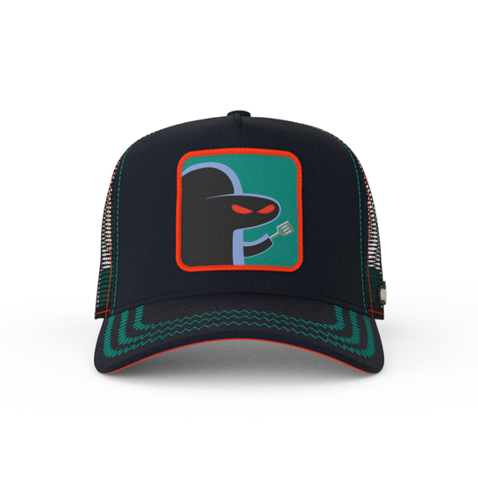 Black OVERLORD X SpongeBob Hash Slinging Slasher trucker baseball cap hat with teal zig zag stitching. PVC Overlord logo.