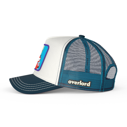 White and navy OVERLORD X SpongeBob Krusty Krab trucker baseball cap hat with navy mesh. PVC Overlord logo.