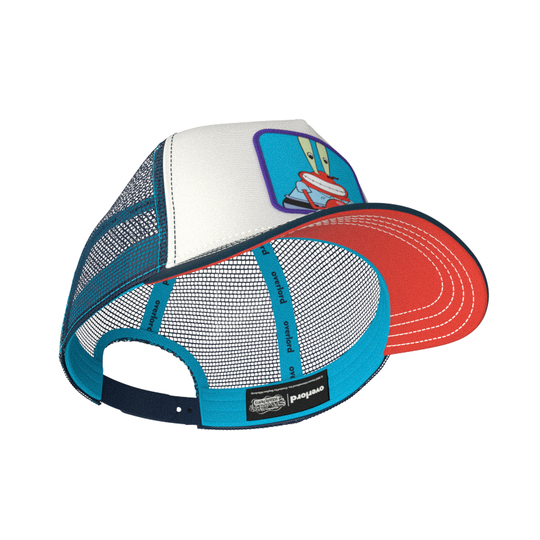 White and navy OVERLORD X SpongeBob Krusty Krab trucker baseball cap hat with turquoise sweatband and red under brim.