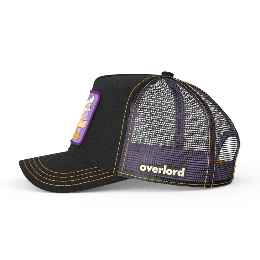 Black OVERLORD X SpongeBob Mermaid Man trucker baseball cap hat with black mesh. PVC Overlord logo.