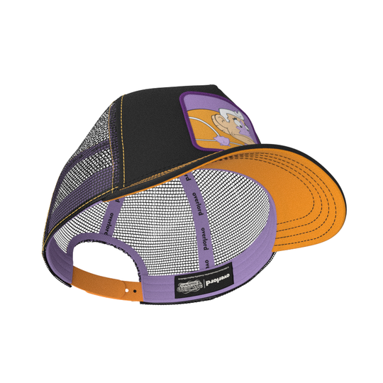 Black OVERLORD X SpongeBob Mermaid Man trucker baseball cap hat with lavender sweatband and orange under brim.